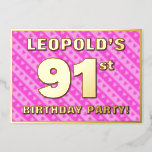 [ Thumbnail: 91st Birthday Party — Fun Pink Hearts and Stripes Invitation ]