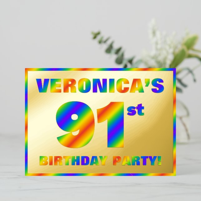 91st Birthday Party — Fun, Rainbow Spectrum “91” Foil Invitation (Standing Front)