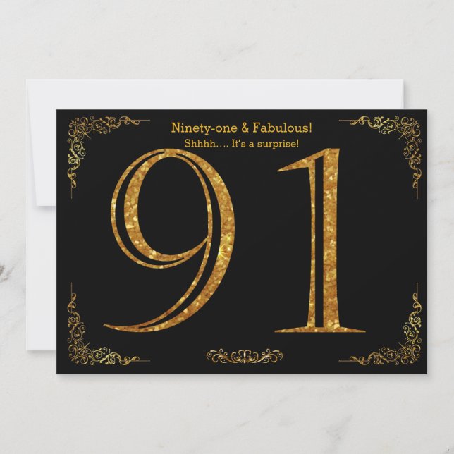 91st Birthday party,Gatsby styl,black gold glitter Invitation (Front)