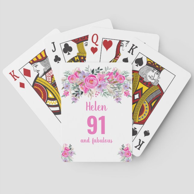 91st  birthday pink floral playing cards (Back)