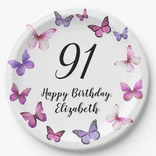 91st Birthday Pink Purple Butterflies Paper Plates