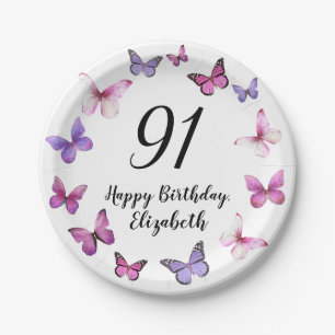 91st Birthday Pink Purple Butterflies  Paper Plates