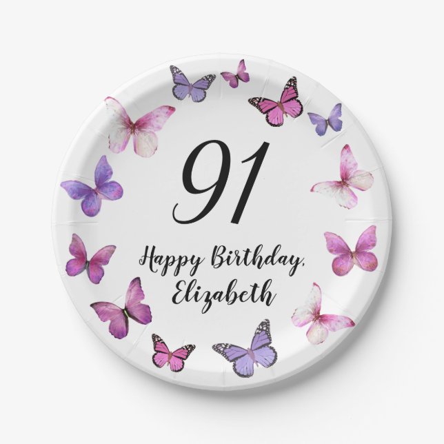 91st Birthday Pink Purple Butterflies  Paper Plates (Front)