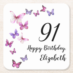 91st Birthday Pink Purple Butterflies Square Paper Coaster