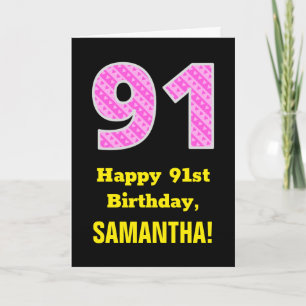 91st Birthday: Pink Stripes and Hearts "91" + Name Card