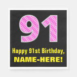 [ Thumbnail: 91st Birthday: Pink Stripes and Hearts "91" + Name Napkins ]
