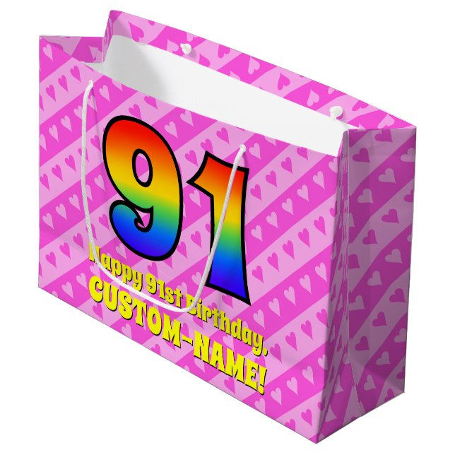 91st Birthday: Pink Stripes & Hearts, Rainbow # 91 Large Gift Bag (Front Angled)