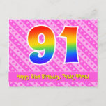 [ Thumbnail: 91st Birthday: Pink Stripes & Hearts, Rainbow 91 Postcard ]