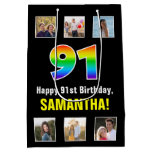 [ Thumbnail: 91st Birthday: Rainbow “91“, Custom Photos & Name Gift Bag ]