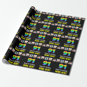 91st Birthday: Rainbow “91“; Custom Photos & Name Wrapping Paper