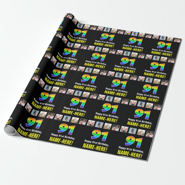 91st Birthday: Rainbow “91“; Custom Photos & Name Wrapping Paper (Unrolled)