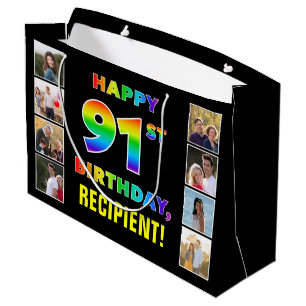 91st Birthday: Rainbow Text, Custom Photos & Name Large Gift Bag