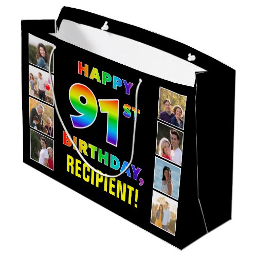 91st Birthday Rainbow Text Custom Photos  Name Large Gift Bag