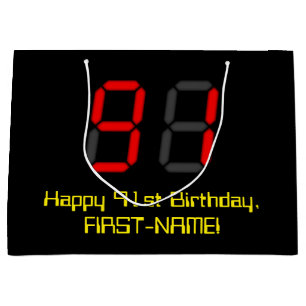 91st Birthday: Red Digital Clock Style "91" + Name Large Gift Bag