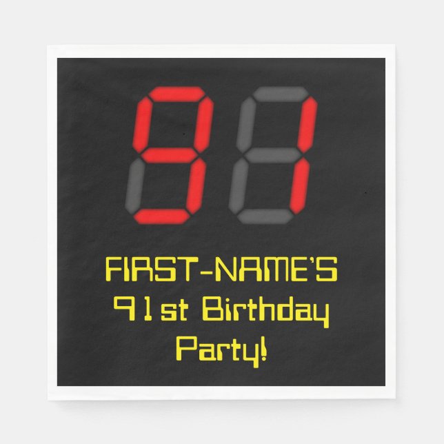 91st Birthday: Red Digital Clock Style "91" + Name Napkins (Front)