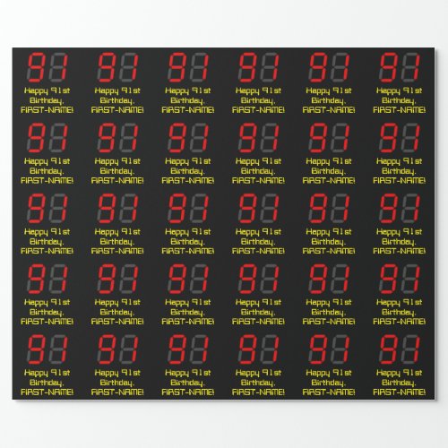 91st Birthday Red Digital Clock Style 91  Name Wrapping Paper