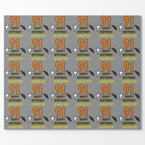 91st Birthday Spooky Halloween Theme Custom Name Wrapping Paper