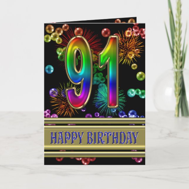 91st Birthday with rainbow bubbles and fireworks Card (Front)