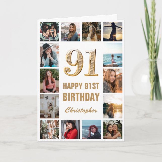 91st Happy Birthday Gold and White Photo Collage Card (Front)