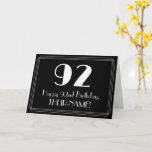 [ Thumbnail: 92nd Birthday ~ Art Deco Inspired Look "92", Name Card ]