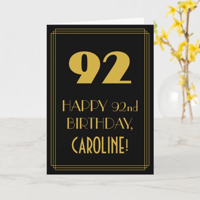 92nd Birthday – Art Deco Inspired Look "92" & Name Card (Yellow Flower)