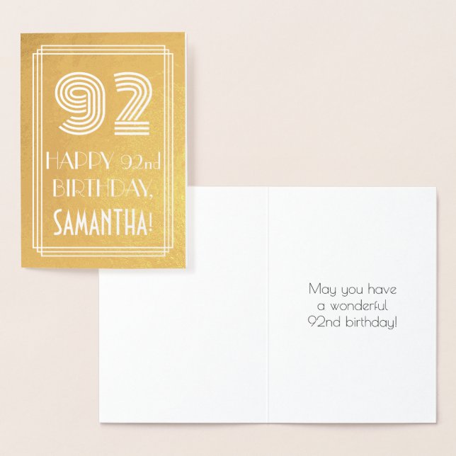 92nd Birthday – Art Deco Inspired Look "92" + Name Foil Card (Display)
