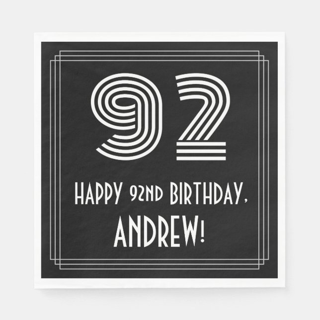 92nd Birthday: Art Deco Inspired Look "92" + Name Napkins (Front)