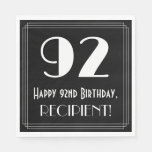 [ Thumbnail: 92nd Birthday ~ Art Deco Inspired Look "92", Name Napkins ]