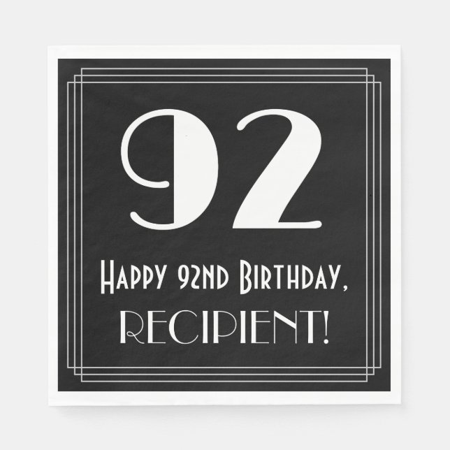 92nd Birthday ~ Art Deco Inspired Look "92", Name Napkins (Front)