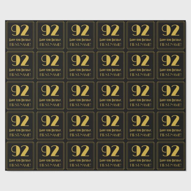 92nd Birthday ~ Art Deco Inspired Look "92", Name Wrapping Paper (Seam)