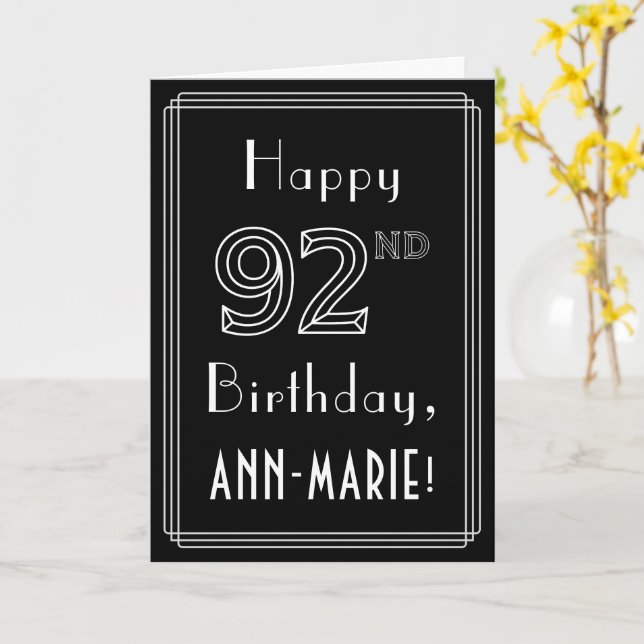 92nd Birthday: Art Deco Style # 92 & Custom Name Card (Yellow Flower)