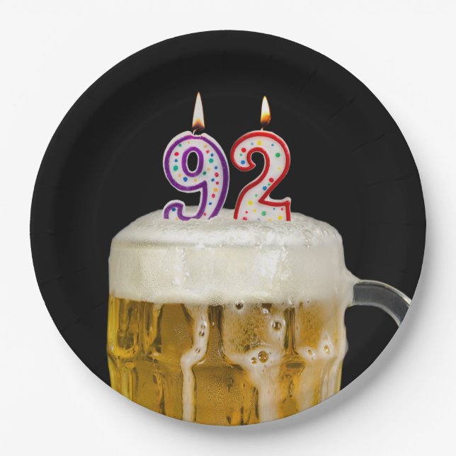 92nd Birthday Beer on black Paper Plate (Front)