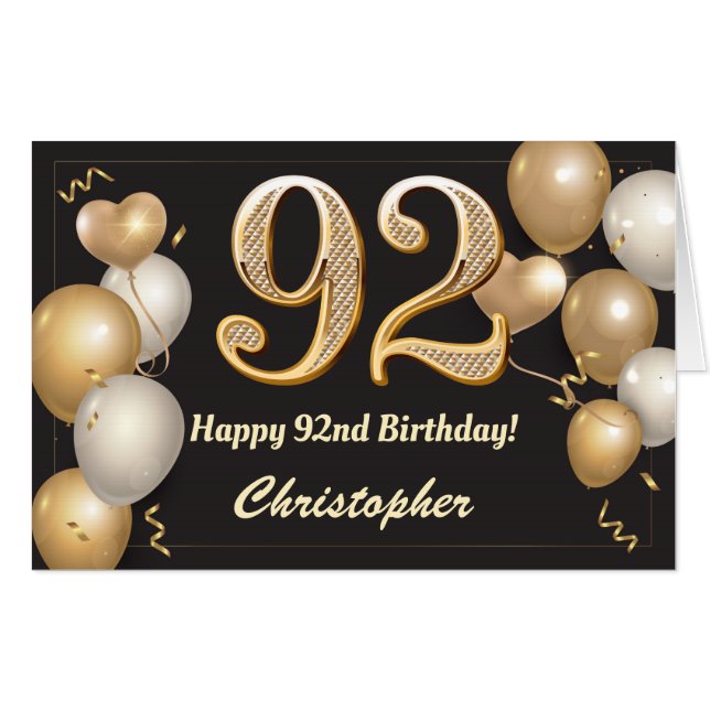 92nd Birthday Black and Gold Balloons Extra Large Card (Front Horizontal)