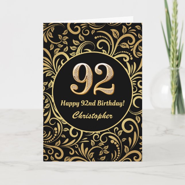 92nd Birthday Black and Gold Floral Pattern Card (Front)