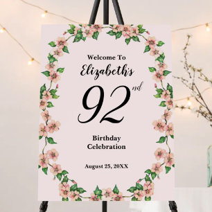 92nd Birthday Blush Pink Floral Welcome Sign