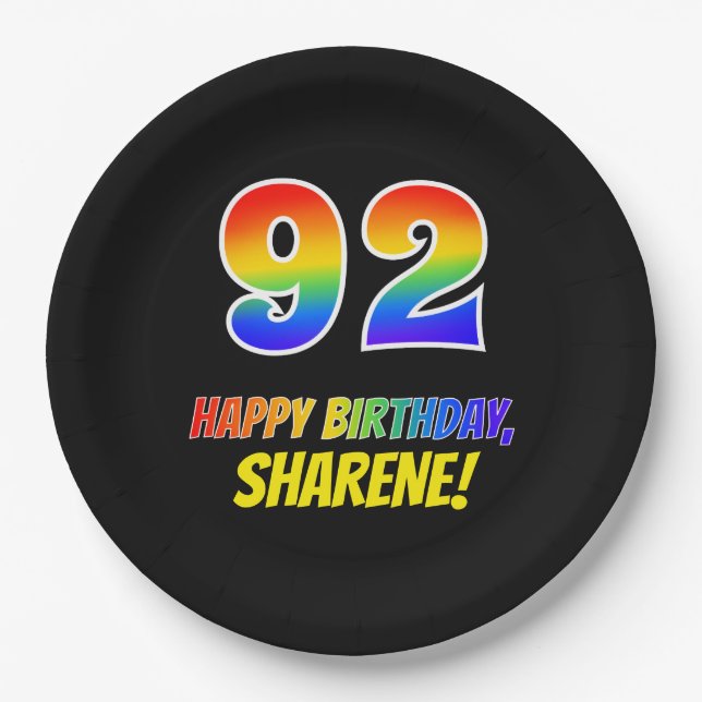 92nd Birthday: Bold, Fun, Simple, Rainbow 92 Paper Plates (Front)
