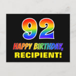 [ Thumbnail: 92nd Birthday: Bold, Fun, Simple, Rainbow 92 Postcard ]