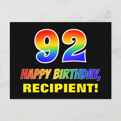 92nd Birthday Bold Fun Simple Rainbow 92 Postcard