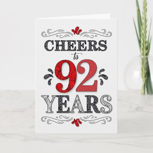 92nd Birthday Cheers in Red White Black Pattern Card