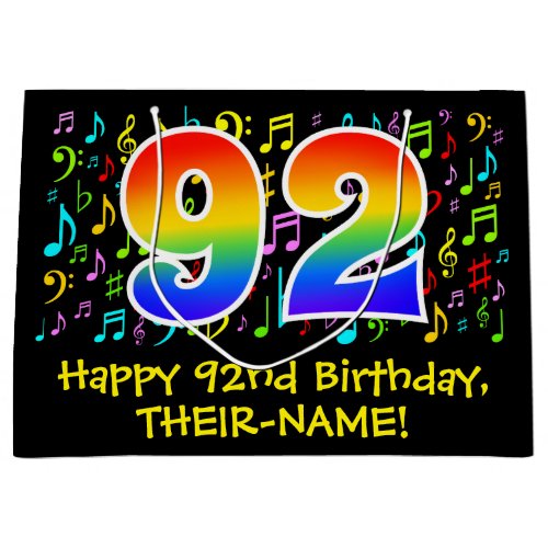 92nd Birthday _ Colorful Music Symbols Rainbow 92 Large Gift Bag