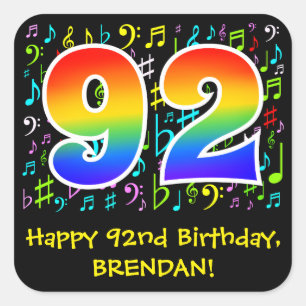 92nd Birthday: Colorful Music Symbols, Rainbow 92 Square Sticker