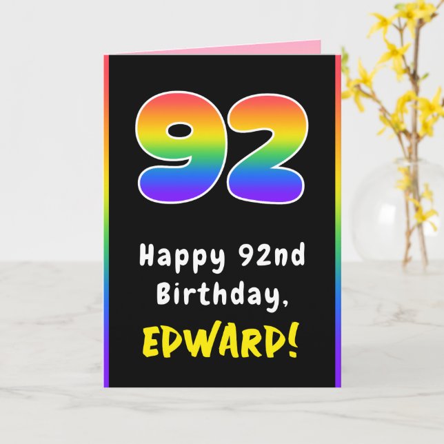 92nd Birthday: Colorful Rainbow # 92, Custom Name Card (Yellow Flower)