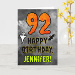 92nd Birthday: Eerie Halloween Theme   Custom Name Card<br><div class="desc">The front of this spooky and scary Halloween themed birthday greeting card design features a large number “92” and the message “HAPPY BIRTHDAY, ”, plus an editable name. There are also depictions of a bat and a ghost on the front. The inside features an editable birthday greeting message, or could...</div>