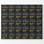 [ Thumbnail: 92nd Birthday: Elegant, Black, Faux Gold Look Wrapping Paper ]