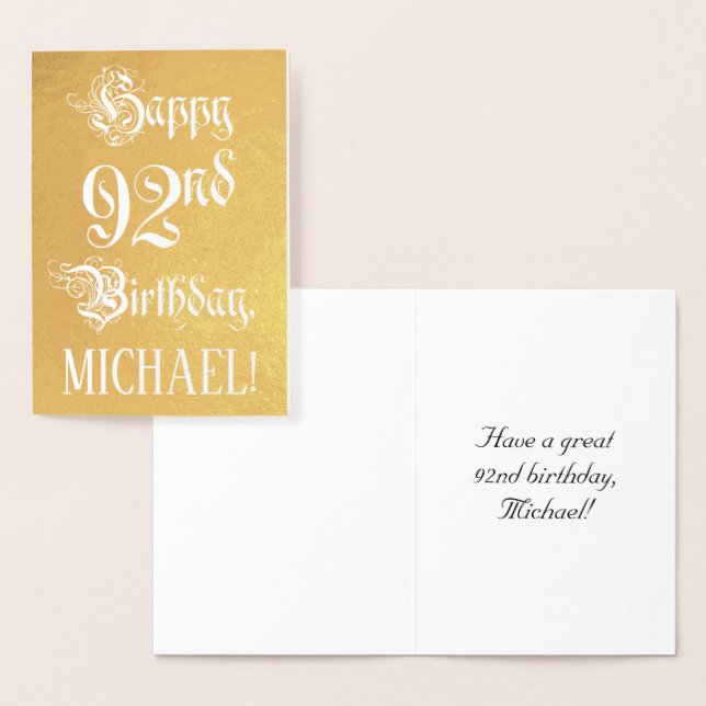 92nd Birthday: Elegant, Ornate Script; Custom Name Foil Card (Display)