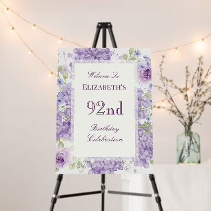 92nd Birthday Elegant Purple Flowers Welcome Sign