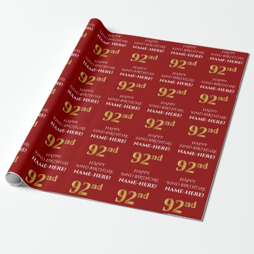 92nd Birthday Elegant Red Faux Gold Look Wrapping Paper