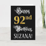 [ Thumbnail: 92nd Birthday — Fancy Script; Faux Gold Look; Name Card ]