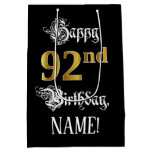 [ Thumbnail: 92nd Birthday ~ Fancy Script; Faux Gold Look; Name Gift Bag ]