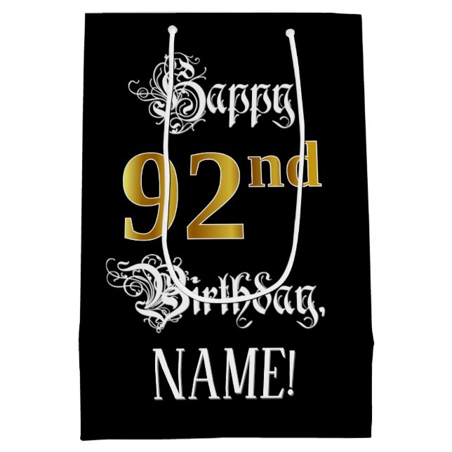 92nd Birthday ~ Fancy Script; Faux Gold Look; Name Medium Gift Bag (Back)